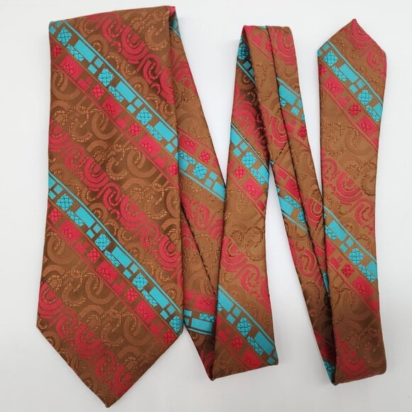 Sears Necktie Stripe Tan Red Teal Geometric Polyester 4" W 53" L - Picture 1 of 6